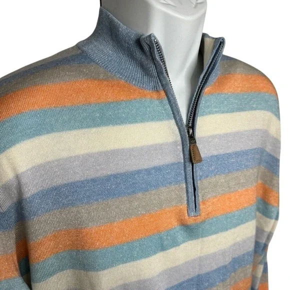 NWT Peter Millar Crown Cool Coach 1/4 Zip Sweater Blue Orange Merino Wool Linen